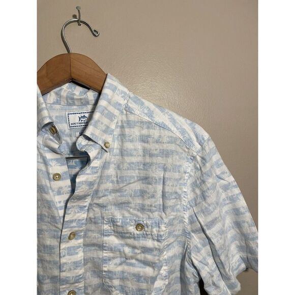 Southern Tide Palm Striped Shirt Men's Small Short Sleeve Beach Small Blue White - Picture 4 of 6